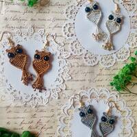 Micro Macrame Owl Earrings: Gold Beaded Tassel Dangles