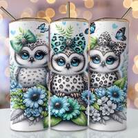 Blue Owl Tumbler Wrap, 20 oz Skinny Sublimation Tumbler Design, Seamless Watercolor Floral Sublimati