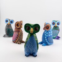 Set of 2 Mini Owl Wooden Alebrije, Figure Handcarved, Handpainted by Master Artisans, Traditional Ar