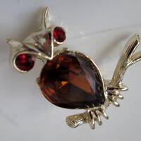 Vintage Dodds Owl Brooch Brown Rhinestone with Red Eyes