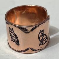 OWLS with FOX Deco Windows Around Animals, Adjustable Open Back Hand Stamped sz.8 Copper Ring Band #