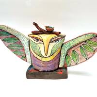 Owl art sculpture, center piece for living room mantle, table, peaceful mood art made by hand, heart