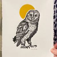 Owl with Yellow Ochre Moon - Linocut by Lora Shelley
