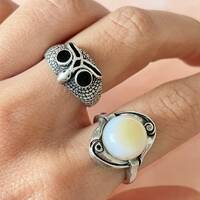 925 Silver Owl Ring with Black onyx, Dutch Silver, Size Q UK/ 8 US