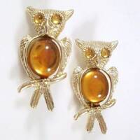 Vintage Owl Brooch Golden Yellow Cabochon Chest (Set of 2)
