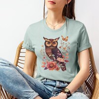 Womens Owl T-Shirt,Owl Lover Gift,Bird Lover Shirt,Flower Lover Shirt,Nature Lover Tee,Bird Watcher 