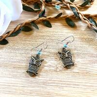 Perched Owl Hoot Bird Bronze Earrings Light Turquoise Glass Beads