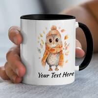 Cute Owl Mug with Autumn Leaves, Watercolor Owl Coffee Cup, Personalized Text, Fall Season Gift, Coz