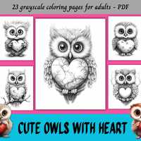 Cute Owls with Hearts, Grayscale Coloring Pages for Adults | 23 Printable Pages | Instant Download |