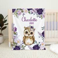 PERSONALIZED BABY GIRL Owl Blanket, Baby Animal Blanket, Purple Floral Toddler Girl Name Blanket, Ow