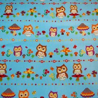 Cosmo Textiles Japanese Kawaii Blue Owl Mushrooms Canvas Fabric 1/2 yard Half Yard OOP Out of Print 