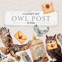Magical Owl Post Clipart: Watercolor Wizard School Letters (Digital Download, 15 PNG)