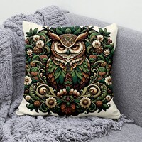 Intricate Owl Throw Cushion Cover, Cotton Linen Pillow Cover, Square Cushion Case with Green Accents