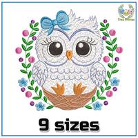 Baby Owl in Floral Nest Machine Embroidery Design, cute baby embroidery 4x4 pes dst hus jef