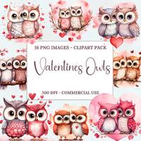 Valentines Owls Clipart Watercolor, Clipart for commercial use, Transparent PNGs, Watercolor Clipart