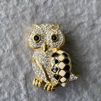 Vintage CIRO Signed OWL Brooch, Vintage Enamel and Clear Rhinestone Owl Brooch Pin, Gold Tone Animal
