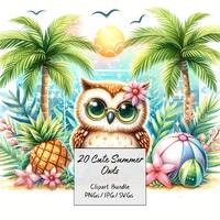 Cute Summer Owls Clipart Bundle, Watercolor Owl Clip Art Images, High Quality Animals Files, Funny D