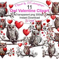 Owl Valentine Clipart Set, 11 Love Owls Illustration, Transparent PNG, Digital Download, Commercial 