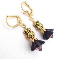 Owl Earrings Purple Flower Crystal Cosplay Ren Faire Fairy Tale Bird Earrings