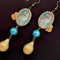 Owl earrings with blue rhinestones, blue and orange sugar beads / flowers.  #13