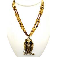 Retro Owl Pendant Necklace, Vintage Brown Multi Strand Choker from Avon with Gold Tone Black Eyed Ni