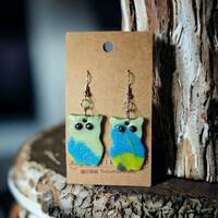 Owl Dangle Earrings Quirky Handmade Polymer Clay Earrings - Marble Green & Blue - Affordable Fas