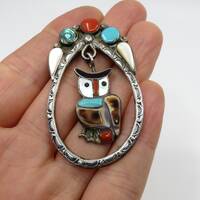 Vintage Sterling Silver Zuni Navajo Owl Turquoise Coral Mother Of Pearl Abalone Pendant Brooch by ar