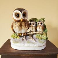 Owl and Baby Owlets, Homco made Taiwan, Ceramic Tree Branch, Figurine, Mom Babies, Vintage