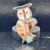 Vintage Pueblo Zuni Silversmith Made Zunitoon Owl Ring Turquoise Mother of Pearl Coral Onyx Native A