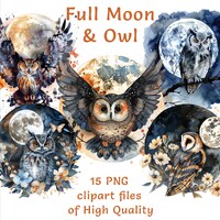 Watercolor owl clipart bundle, Moon clipart set, Sublimation print night stickers, Commercial use mi