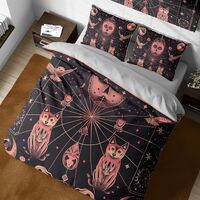 Black & Pink Cotton Duvet Cover Set, Owl Spirt Animal Print, Moon Bedding, Cozy Halloween Bedspr