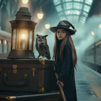 Magical Wizard digital backdrop, Owl, Train, Platform, Creative composite imagery, wizard/witch wait
