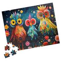3 Whimsical Owl Puzzle. Brightly Colored Fantasy Silly Bird Jigsaw. Unique Boho Tech-free Family Act