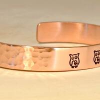 copper cuff bracelet with hammered texture and owls - custom stamping on the inside - copper gift fo