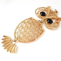 Sarah Coventry Vintage Owl Necklace Articulated Gold Tone Black Eyes