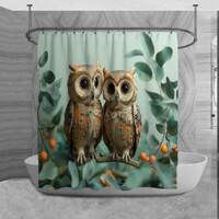 Owl Pair Shower Curtain, Animal Bathroom Decor, Intricate Detail Bath mat, Artwork Towels, Natural B