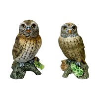Vintage Angeline Originals "Perched Owls" Figurine Set, Hand Painted, Porcelain, Owl Decor