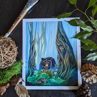 Where the Mystics Meet. Gilclee Print from original art. Bear, woodland, cabin, owl, fantasy, wildli