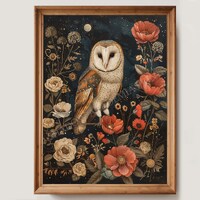 Botanical Celestial Owl Print | Vintage Moody Cottagecore | Woodland Animal Wall Art | Dark Academia