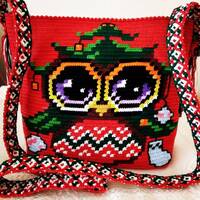 Crochet Owl Purse: Handmade Red Festival Bag with Macrame Strap