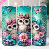 Cute Owls Tumbler Wrap, 20 oz Skinny Tumbler Sublimation Design, Teal Watercolor Floral Tumbler, Dig