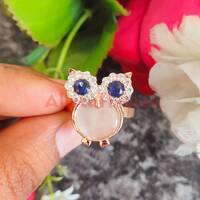 Rose Gold Finish, Owl Ring, Pearl and Round Cut Blue Sapphire, Halo Wedding Ring, Statement Ring, Bi