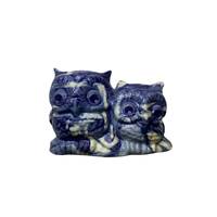 Vintage Adorable Two Owls Ceramic Figurine With Blue And Swirl Glaze