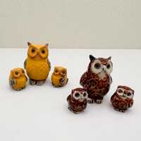 Ceramic Owl Figurine Set – Handmade Mom & Baby Owls in Brown or Yellow – Cute Miniat