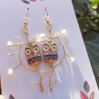 Owl Earrings, Cute Owls Sitting on a Branch Earrings, Gold Plated Copper Wire, Wire Wrapped Owl Earr