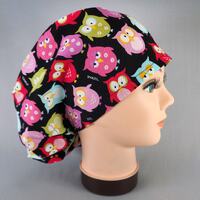 Colorful Owls on Black Euro Scrub Cap for Women Fun Bird Surgical Hat with Adjustable Toggle