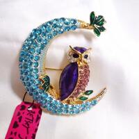 RARE Betsey Johnson Owl & Moon Pin / Pendant Brooch Blue Crystals + Purple Enamel Bird NOS NWT P