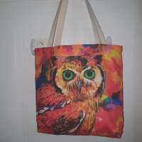 Large owl tote bag .. fully lined .. sturdy cream straps