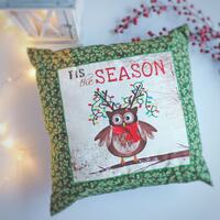 Christmas cushion with an owl "Tis the season" Whimsical holiday decorative accent pillow 
