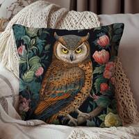 William Morris Inspired Night Owl Pillow, Decorative Owl Cushion, Spun Polyester Square Pillow